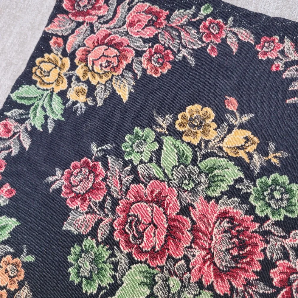 Vintage Tapestry Pillow Cover Floral Black Woven Zippered Square‎ Accent 15x15